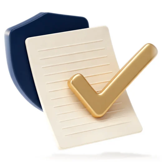 A document with a tick, in front of a shield