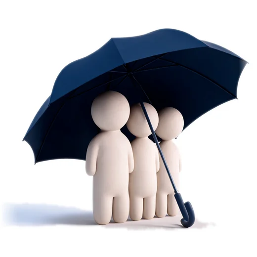 Three figures sheltering under one umbrella